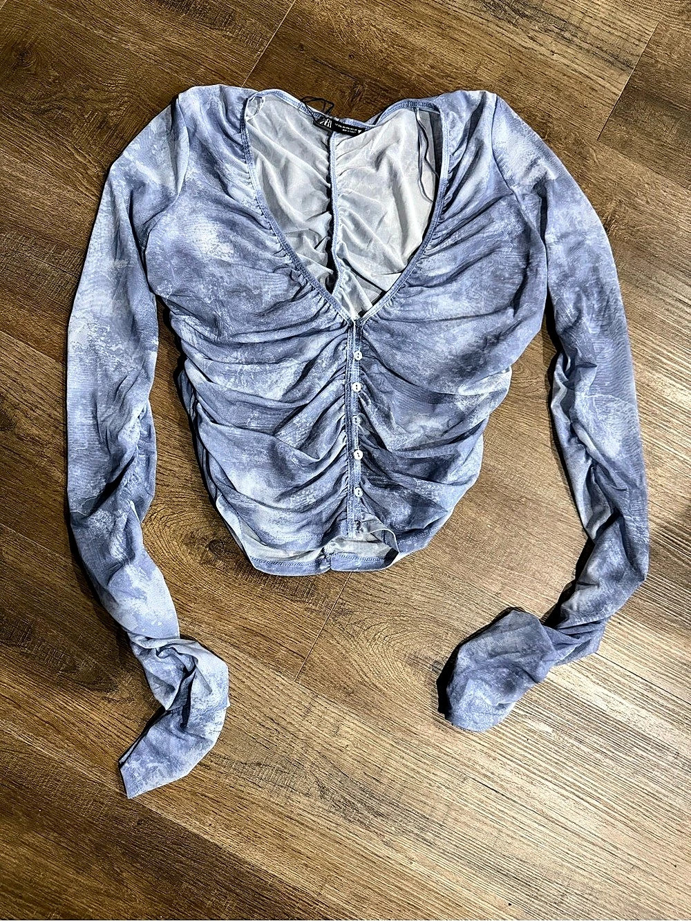 Zara Ruched Mesh Button Front Long Sleeve Top in Blue